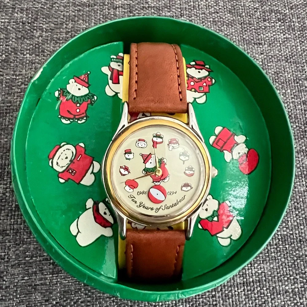 Fossil Vintage Santabear Watch 1994 Ten Years Brown Band Silver Gold NO BATTERY
